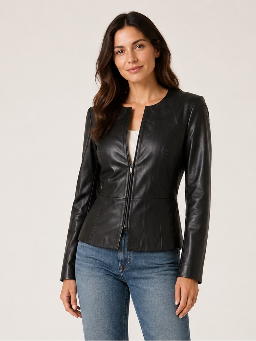 Calvin Klein Black Genuine Leather Collarless Zip Jacket Women’s Size Medium